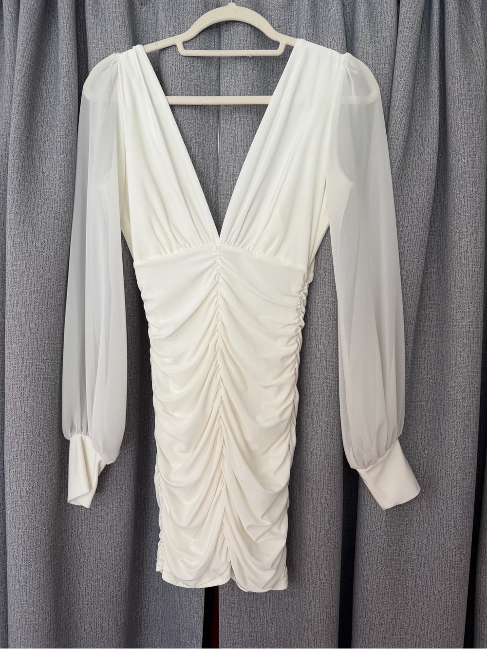 Windsor Ivory Ruched V-Neck Long Sleeve Mini Dress